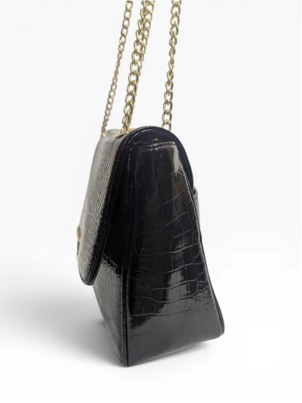 Anne Klein Black Croco Luxe II Shoulder Bag Gold